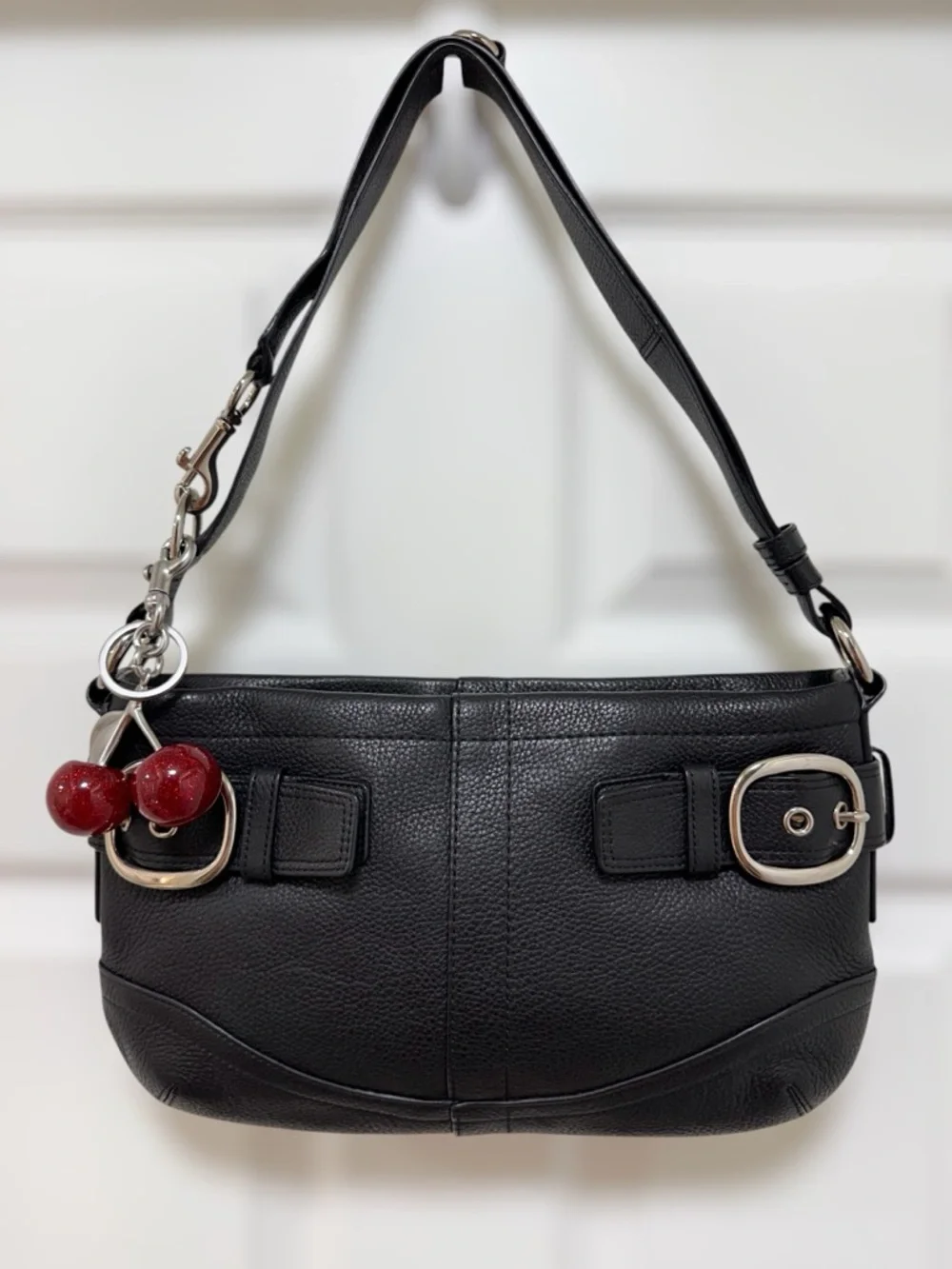Coach Soho Double Buckle Shoulder Bag Black Pebbled Leather Flat Slim
